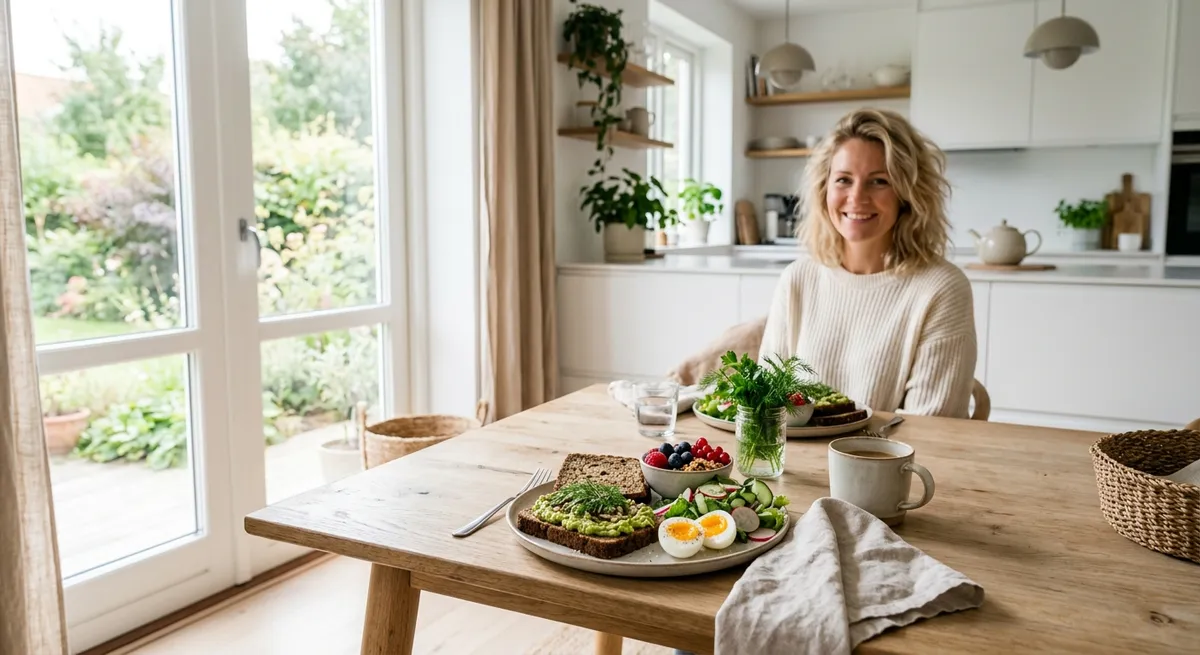 En sund kost med rugbrød, æg, avocado og bær anrettet på et lyst træbord i et skandinavisk køkken